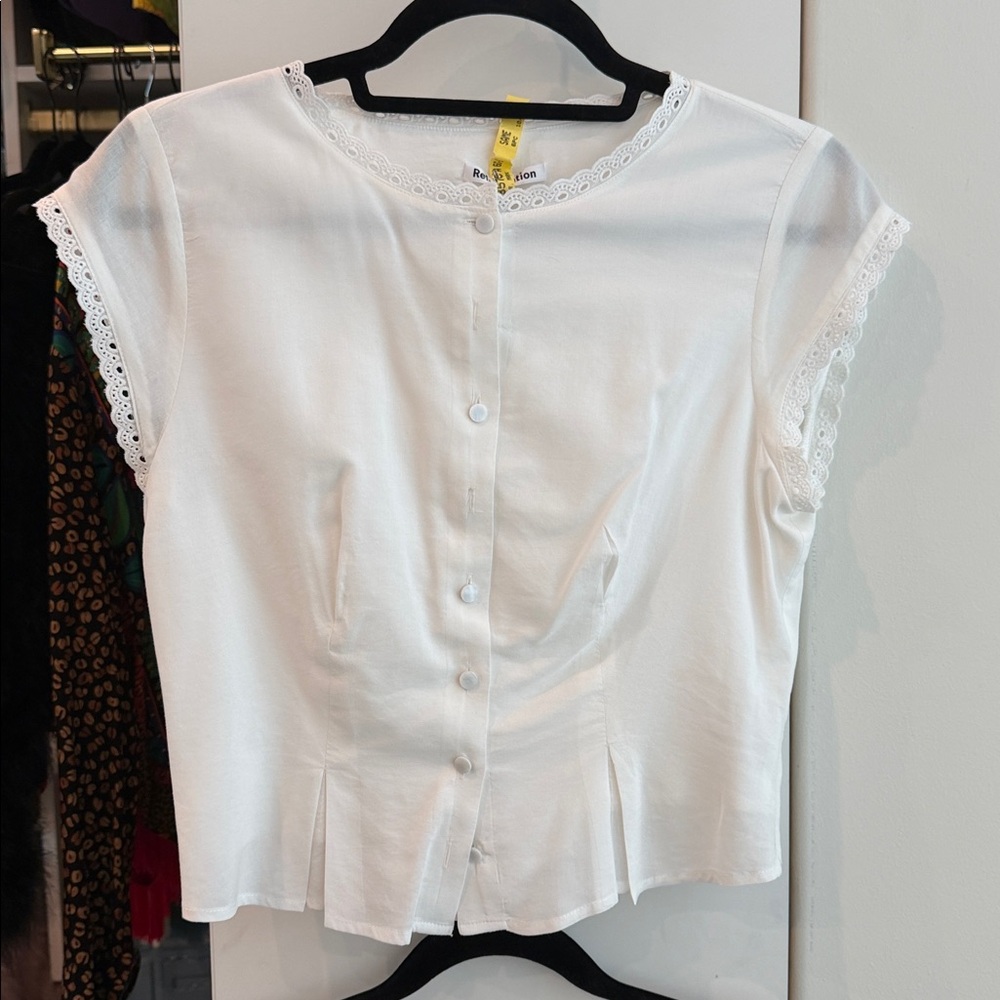 Reformation White Lace Trim Button-Up Top